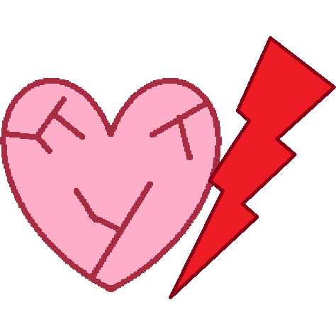 A pink heart with darker colored fracture lines next to red lightning bolt.